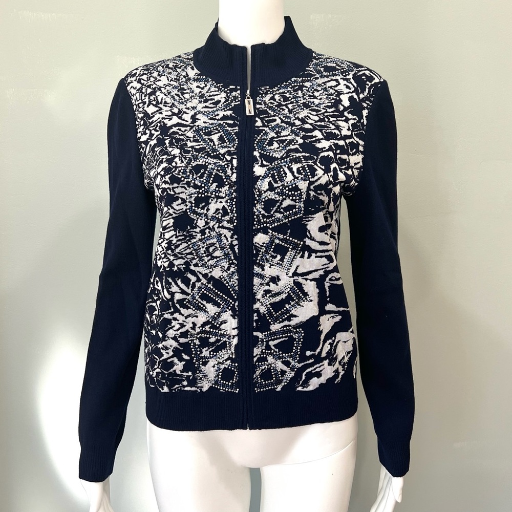 ST JOHN Sweater P Navy White Rhinestones Zipper